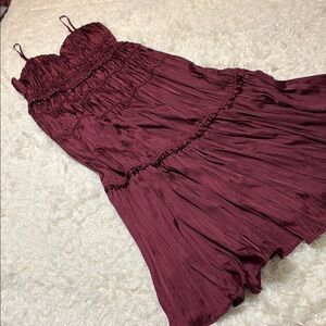 Dress Forum Burgundy Satin Maxi Dress with Adjustable Spaghetti Straps